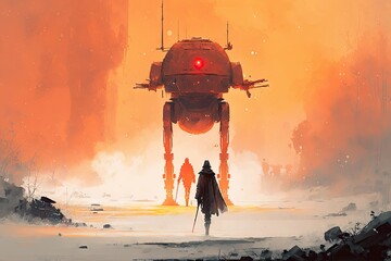 Silhouette of a man with a backpack in front of a red spaceship