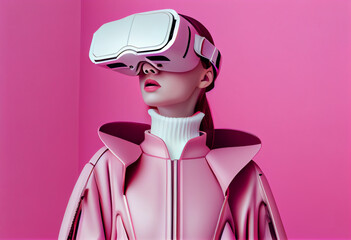 Obraz na płótnie Canvas Futuristic stylishly dressed young woman in virtual reality glasses, colored background, mock-up. AI generated.