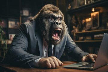 erstaunter überraschter Gorilla im Business Anzug vor dem Laptop bei der Arbeit im Büro / Home Office. Generative Ai.