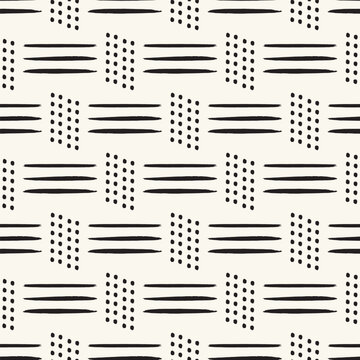 Vector black lines dots ecru white repeat pattern