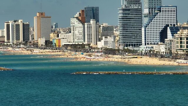 Tel Aviv coastline hotels and skyscrapers aerial drone view, Israel, 4k