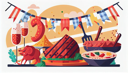 Barbecue at a picnic. Camping, meat grill party concept. Abstract illustration. AI generated.
