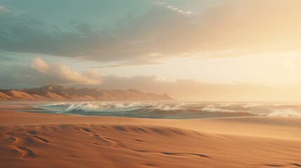  a sandy beach with waves coming in and a mountain in the distance.  generative ai