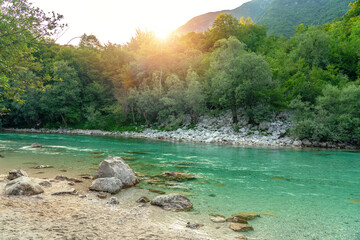 crystal clear turquoise Soca river in Slovenia near Kobarid and Bovec famous for sport activities...