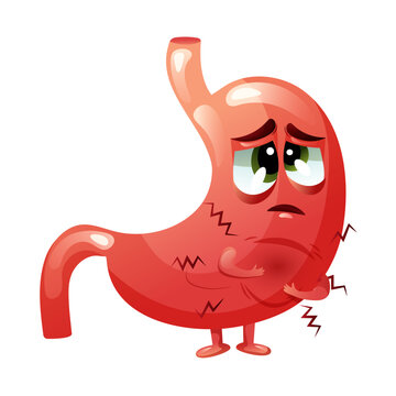 Cute stomach character with emotion sadness. Concept abdominal disease, pain, colic, overeating. Vector cartoon illustration.