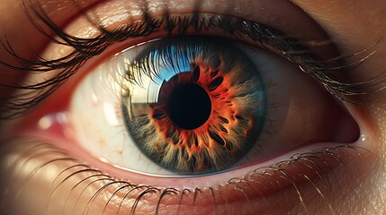  a close up of a person's eye with a red iris.  generative ai