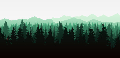 A beautiful vector illustration of a misty forest landscape with coniferous trees in silhouette. The evergreen trees, mountains, and natural environment perfect for backgrounds of nature, wildlife - obrazy, fototapety, plakaty