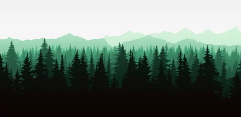 Fotobehang A beautiful vector illustration of a misty forest landscape with coniferous trees in silhouette. The evergreen trees, mountains, and natural environment perfect for backgrounds of nature, wildlife ©  Tati. Dsgn