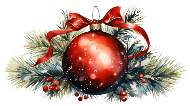 single red christmas ball in watercolor clipart design isolated against transparent background