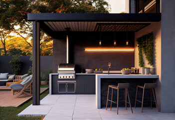 Villa backyard. Patio with chairs; table; and a fireplace and BBQ area for grill party.
