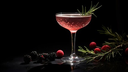  a glass of wine with a rosemary garnish on the rim.  generative ai
