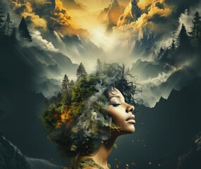 Living Landscape: Woman's Face Merged with Vibrant Nature Scene