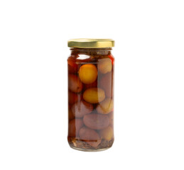 Delicious red olives in a jar isolated on white background. Pickled olives in a glass jar. Delicious olives. Close-up. Vegan.