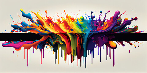 Explosion of colored paints on a white background. Colorful rainbow; color splash palette. AI generated.