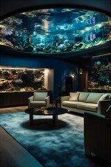 Obraz na płótnie Canvas AI generative image of elegant hotel lobby with couch and huge aquarium
