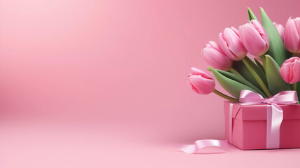 pink tulips with gifts and pink background - obrazy, fototapety, plakaty