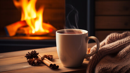 mug of hot chocolate or coffee by the Christmas fireplace. Woman relaxes by warm fire with a cup of hot drink. Winter, Christmas holidays concept