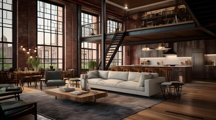 Fototapeta na wymiar 3d rendering of a modern living room in a loft style.
