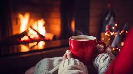  Woman holding in hands a mug of hot chocolate or coffee by the Christmas fireplace. Woman relaxes by warm fire with a cup of hot drink. Winter, Christmas holidays concept © petrrgoskov