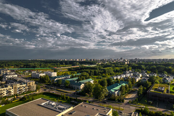 Wilanow, Warsaw, drone, bird view, aerial, city, urban, street, building, roof, sky, clouds, summer time