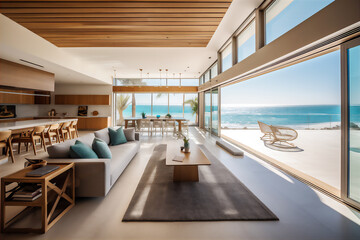 Fototapeta na wymiar Spacious lounge zone in beach house with great sea view. AI generative image