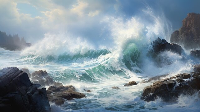  a painting of a wave crashing over a rocky shore with a lighthouse in the distance.  generative ai