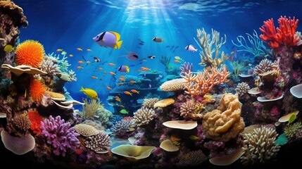  an underwater scene of a coral reef with fish and corals.  generative ai