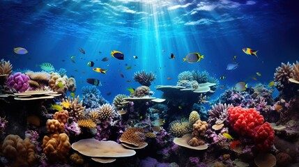 Naklejka na ściany i meble an underwater view of a coral reef with fish and corals. generative ai