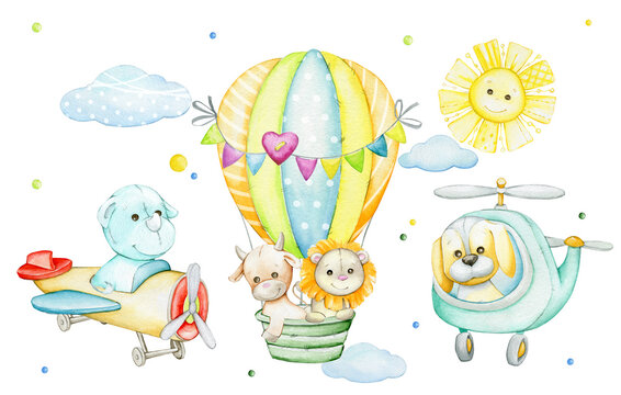 bull, rhinoceros, lion, dog, sun, animals, balloon, helicopter, airplane, clouds. Watercolor set of cliparts, in cartoon style. on an isolated background.