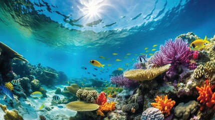  an underwater view of a coral reef with fish and corals.  generative ai