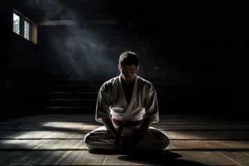 Fotobehang A judo practitioner finding tranquility by meditating before a match, illustrating the integral role of mental focus in martial arts © Davivd