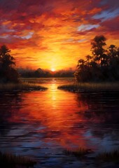 Fototapeta na wymiar sunset on the river, digital painting, beautiful photo digital picture