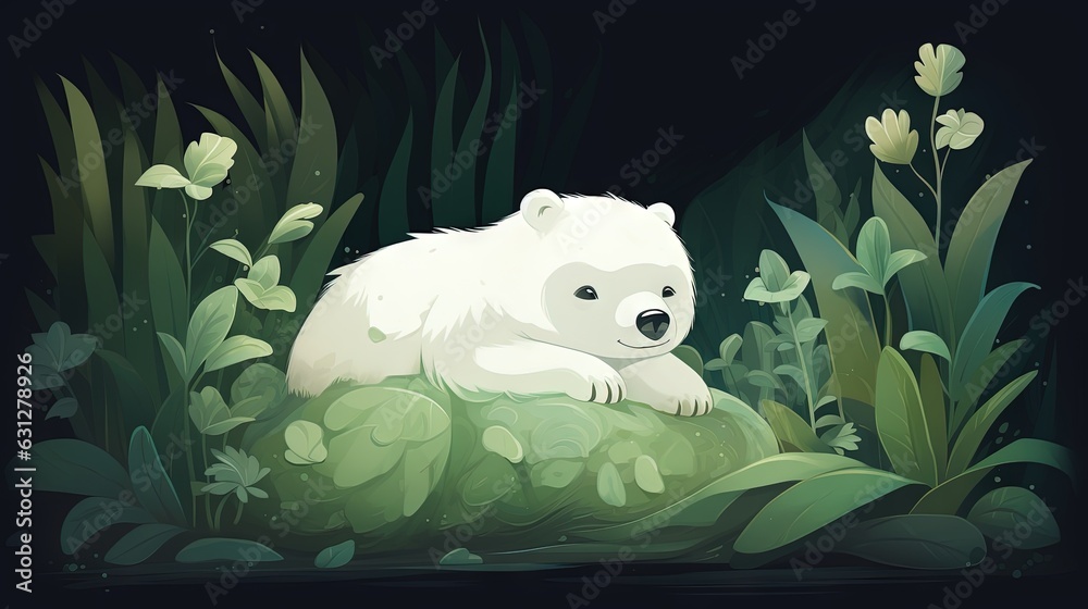 Poster a white bear sitting on top of a lush green field. generative ai