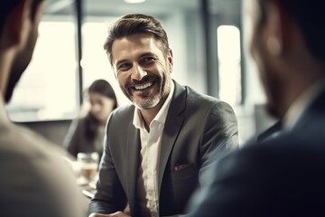 Group of business people having a meeting in a modern office. Businessmen are talking and smiling. Generative AI