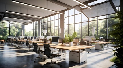 Fototapeta na wymiar Modern office interior with panoramic windows. Panoramic photo