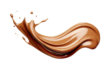 Brown cream coffee liquid swirl splash with little foundation bubbles isolated on clear png background, liquid fluid element flowing in form of wave,  with Generative Ai.