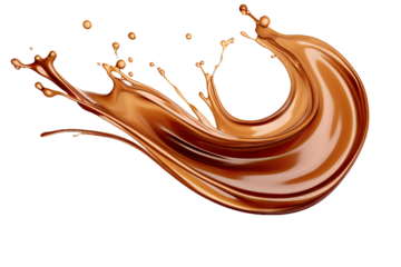 Brown cream coffee liquid swirl splash with little foundation bubbles isolated on clear png background, liquid fluid element flowing in form of wave,  with Generative Ai.