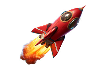 Launch of a red rocket isolated on clear PNG background, made of precious metal. Successful start concept.