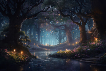 Dreamlike forest bathed in ethereal moonlight, capturing the mysterious and enchanting nature of dreams