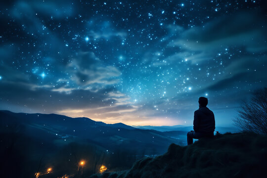 Dreamy scene of a person gazing at a star-filled night sky, illustrating the allure and mystery of dreams and aspirations