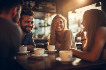 Lifestyle, friendship, food and drinks concept. Group of happy friends drinking coffee and talking with each other in cafe. Generative AI - obrazy, fototapety, plakaty