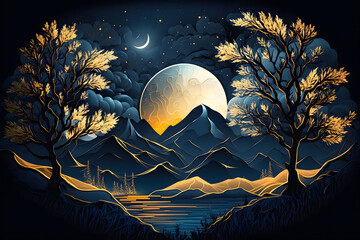 Abstract modern and creative 3d interior mural wall art wallpaper with moon and Dark Blue Mountains. 3D Abstraction Wallpaper for Home Wall. AI generated