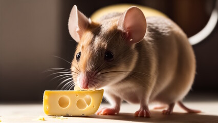Mouse eats cheese close-up. Generative AI