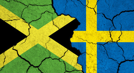 Flags of Jamaica and Sweden on cracked surface - politics, relationship concept
