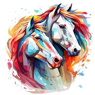 Horse heads with colorful splashes. Vector illustration on white background