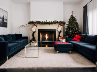 Wide-shot photo of a cozy family room with Christmas decoration. Interior design.