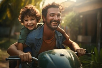 Father and his Son Having Fun on a Scooter in Summer Day Generative AI