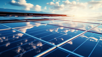 Closeup of Solar panels against blue sky with clouds. Solar energy generation. Renewable energetics. Generative AI