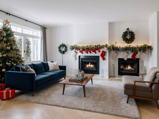 Wide-shot photo of a cozy family room with Christmas decoration. Interior design.