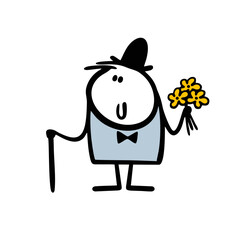Cartoon stickman in a bowler hat and an elegant suit is waiting for his beloved with a bouquet of flowers. Vector illustration of an elderly man with a cane on a date.